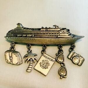 J.J. Cruise Ship Travel Charm Brooch – Pewter Tone – 2.5”